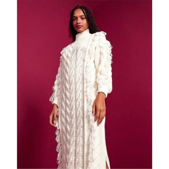 Farm Rio Fringed Cable Knit Midi Sweater Dress Off White Size Medium NWT - Picture 3 of 7